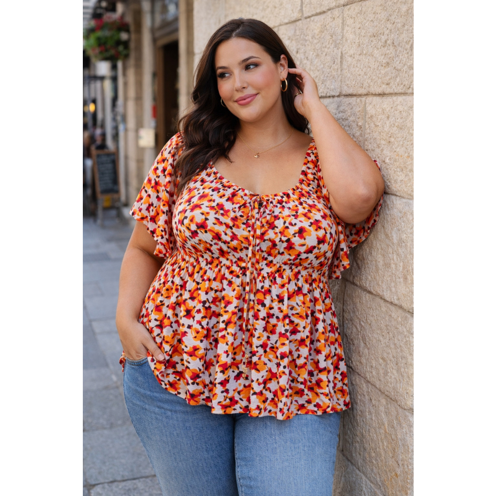 torrid Orange & Red Floral Smocked Peasant Top
